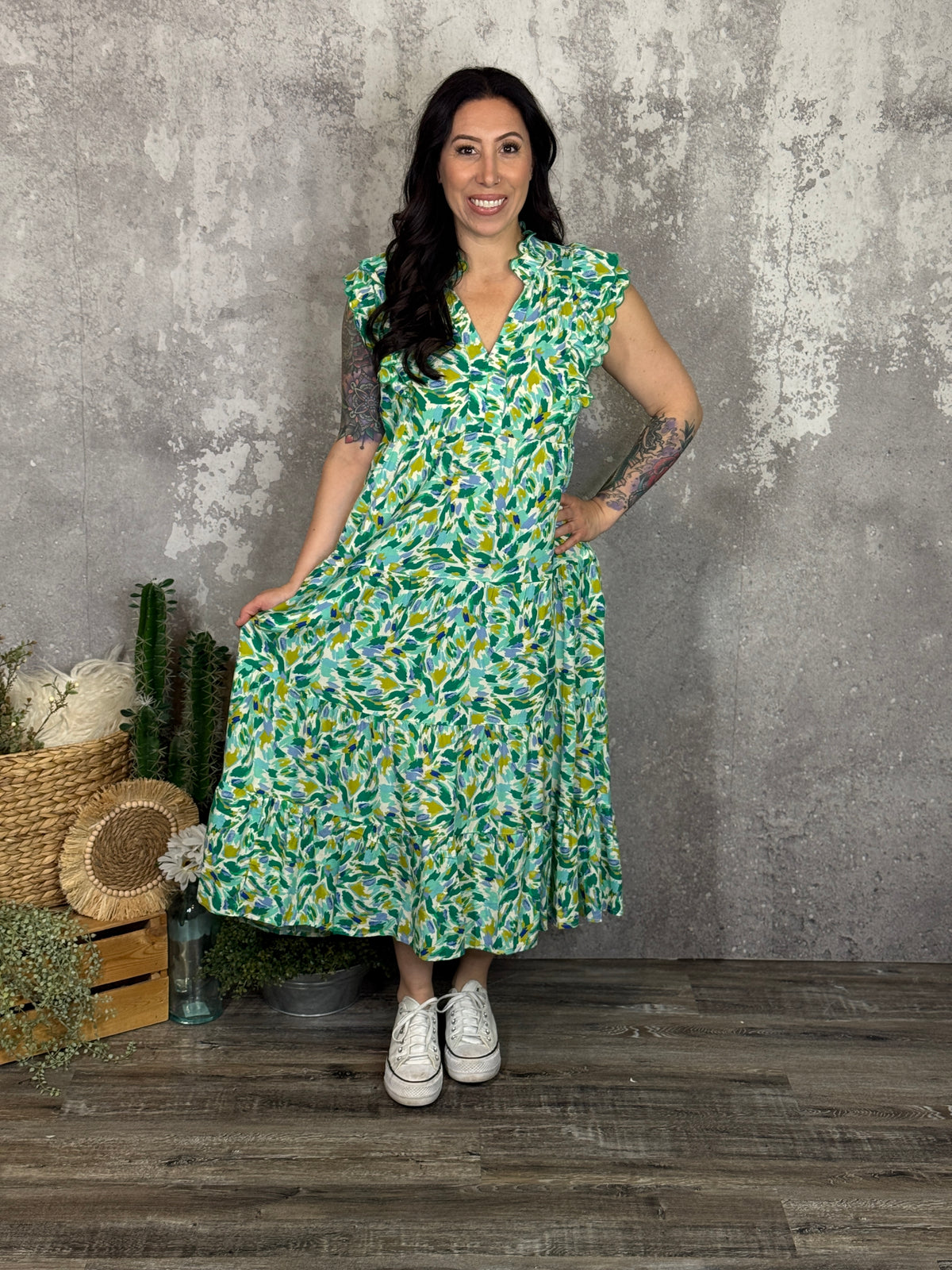 Green Watercolor Maxi Dress
