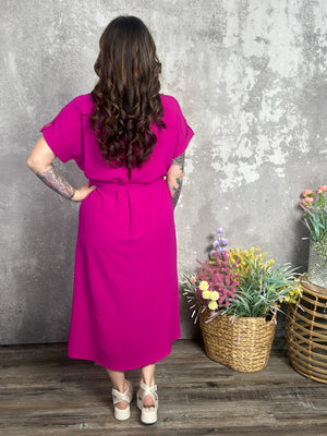 Magenta Waist Tie Midi Dress