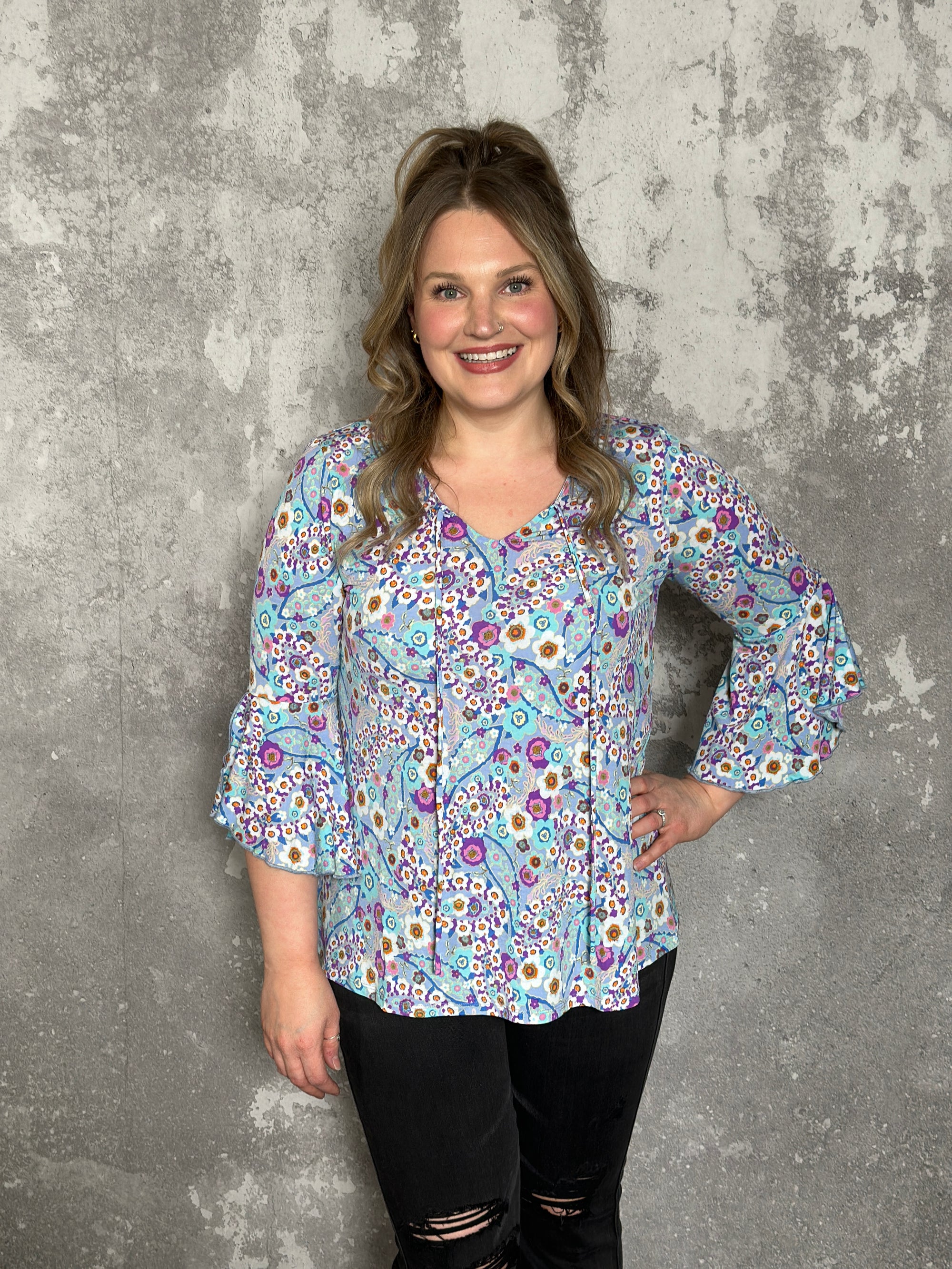 The Wrinkle Free 3/4 Ruffle Sleeve Lizzie Top - Pastel Blue/Purple Floral (Small - 3X)