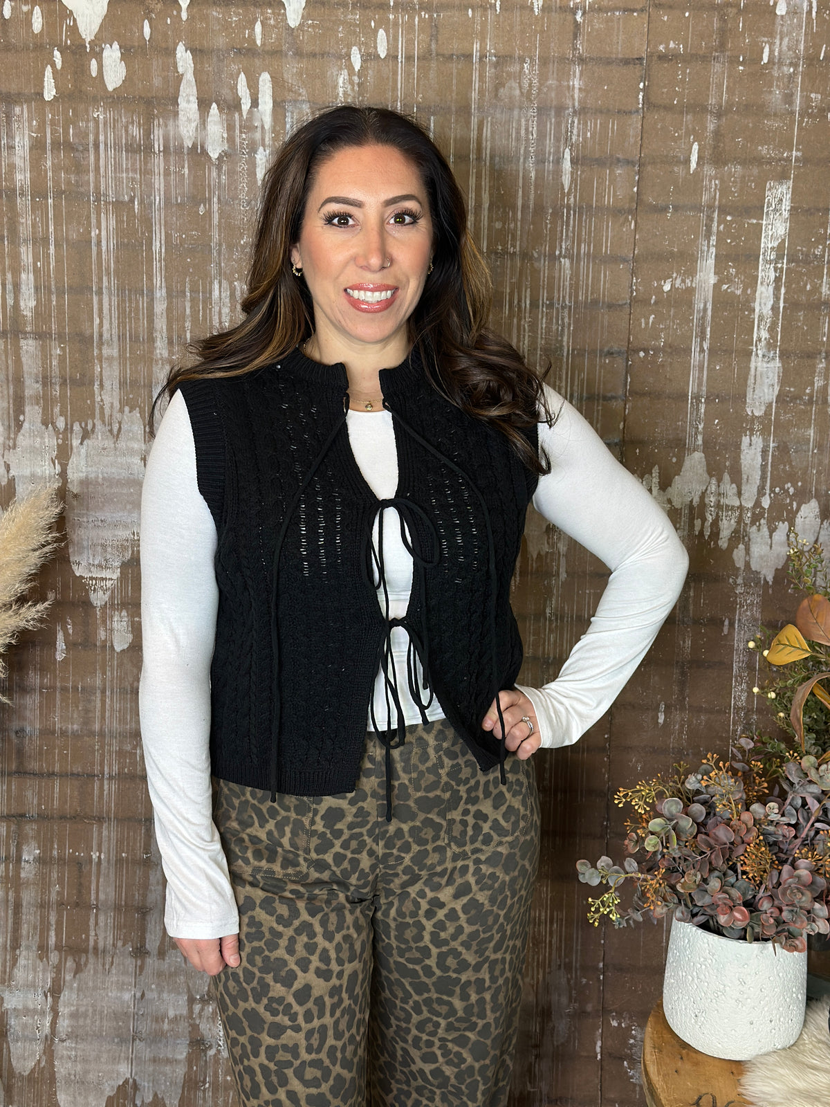 Black Front Tie Cable Knit Vest (Small - 3X)