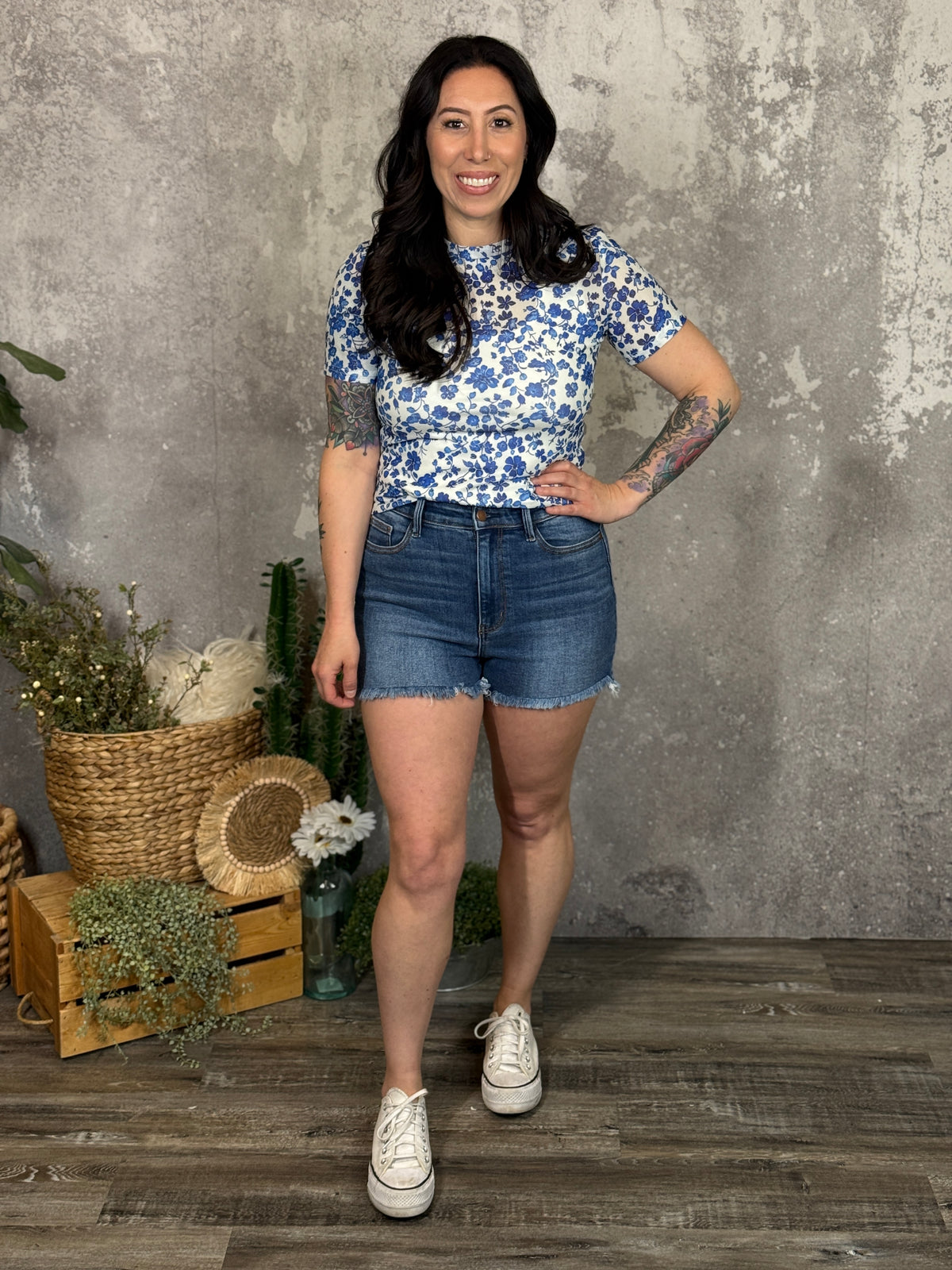 Blue Floral Mesh Top