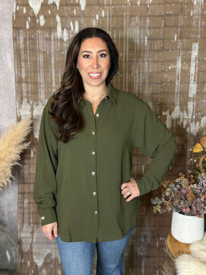 The Sadie Button Up Airflow Blouse - Olive  (Small - 3X)