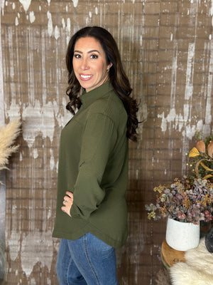 The Sadie Button Up Airflow Blouse - Olive  (Small - 3X)