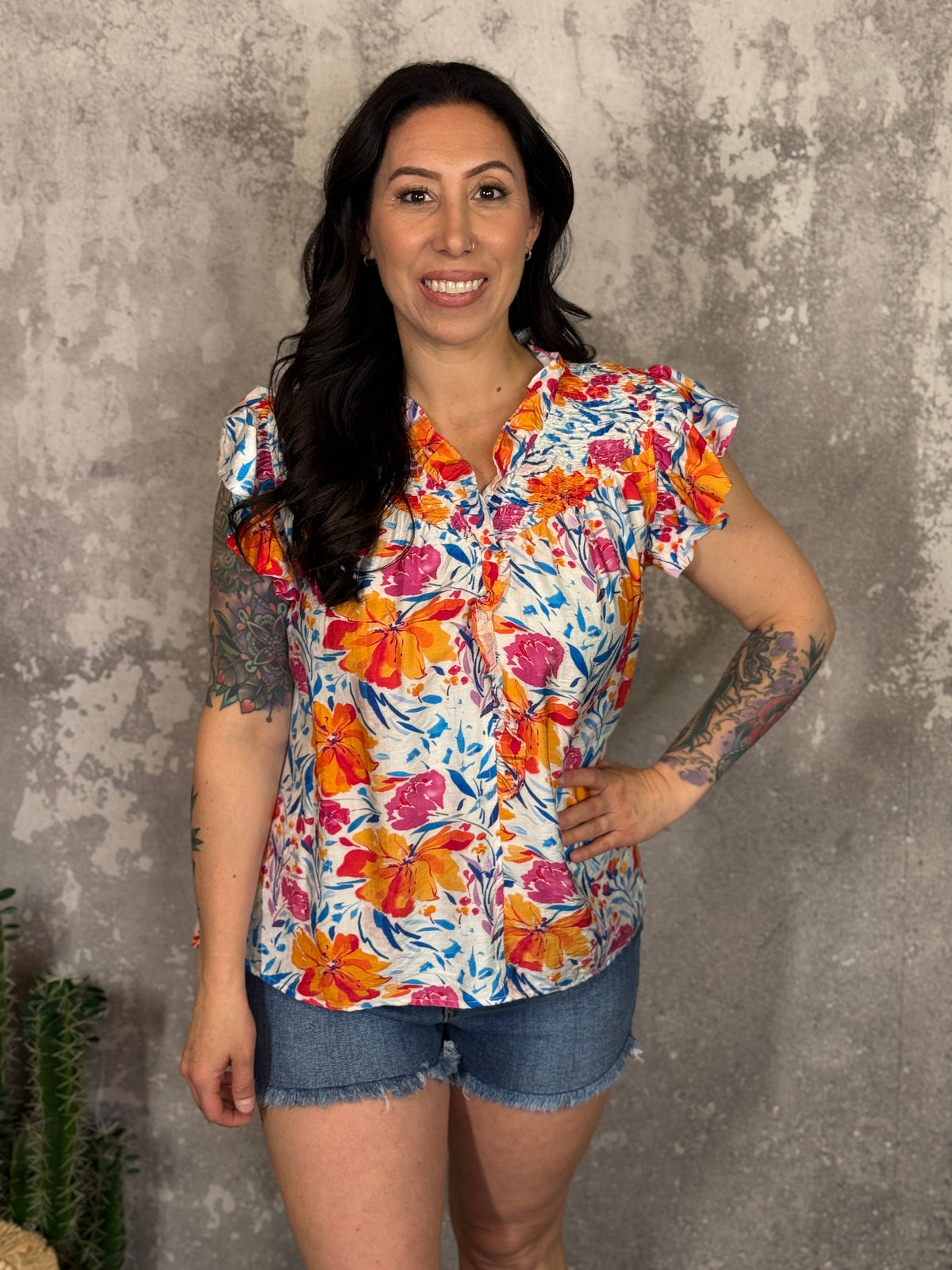 Bright Floral Ruffle Top
