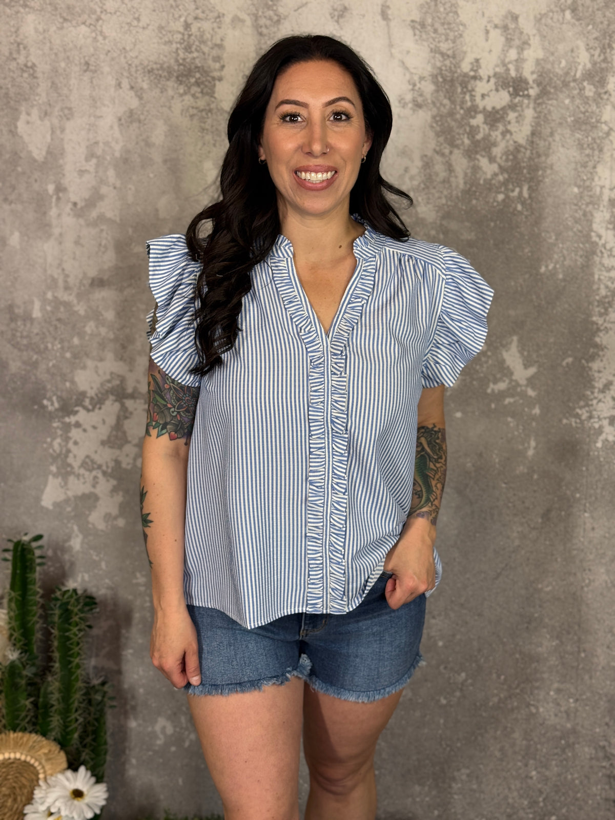 Seersucker Ruffle Top- Blue  (Small - 2X)