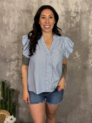 Seersucker Ruffle Top- Blue  (Small - 2X)