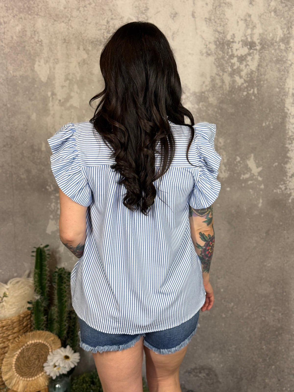 Seersucker Ruffle Top- Blue  (Small - 2X)