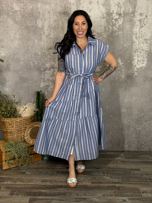 Stripe Button Up Collared Dress  (Small - 3X)