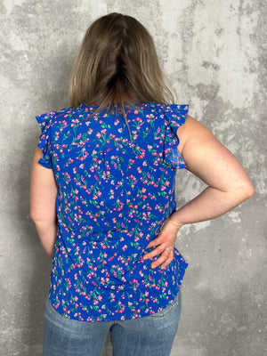 The Wrinkle Free Lizzie Ruffle Tank - Blue with Pink Floral (Small - 3X)