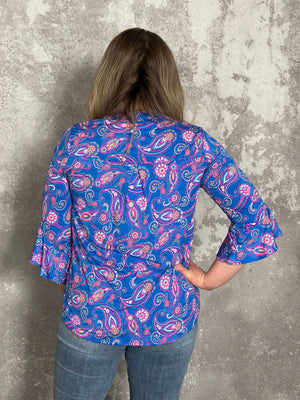 The Wrinkle Free 3/4 Ruffle Sleeve Lizzie Top - Blue/Pink Paisley (Small - 3X)