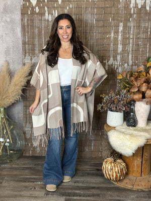 Soft Abstract Poncho with Tassels - Brown/Ivory