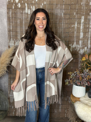 Soft Abstract Poncho with Tassels - Brown/Ivory