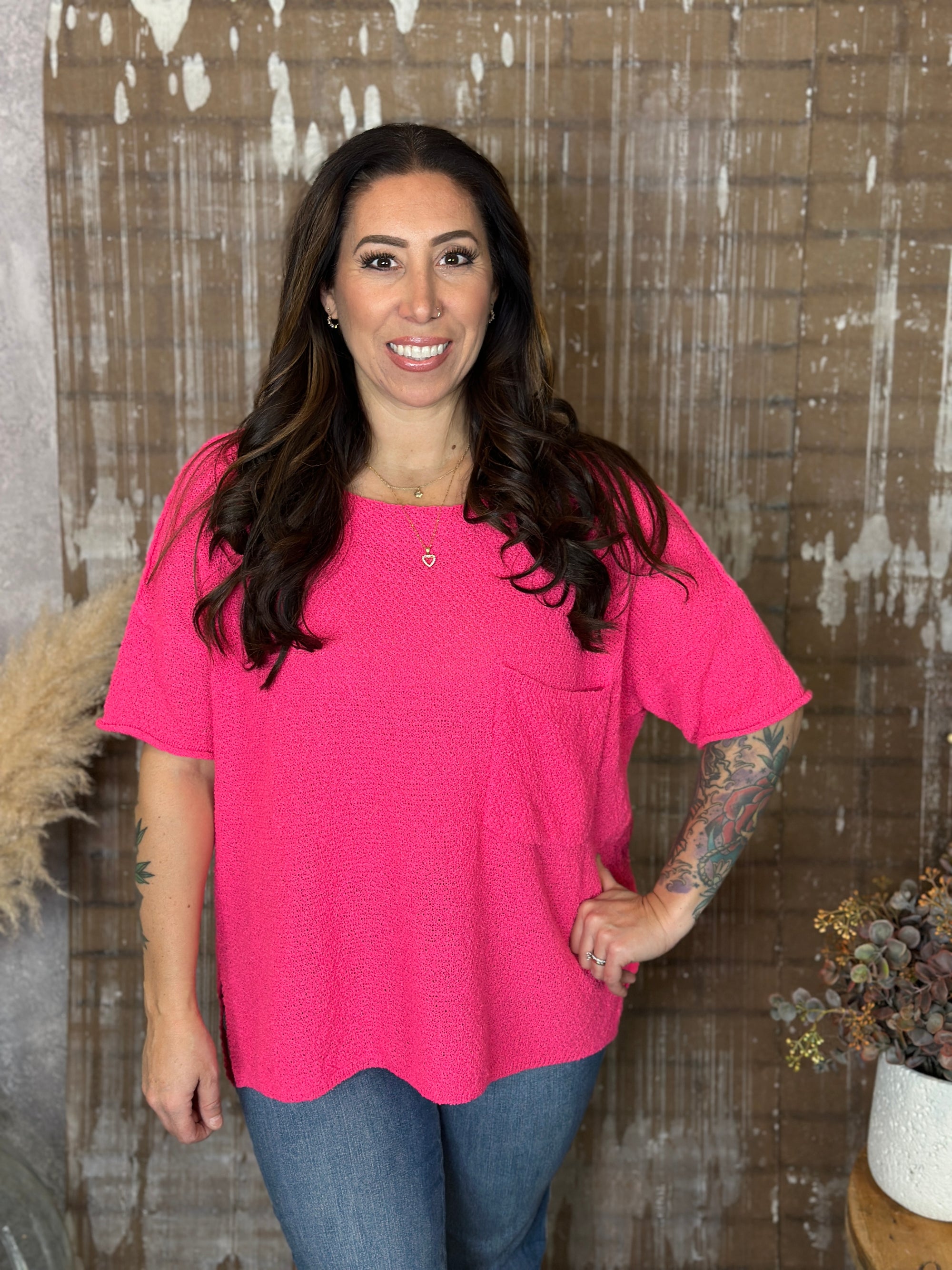 Short Sleeve Knit Pocket Sweater (Small - 3X)