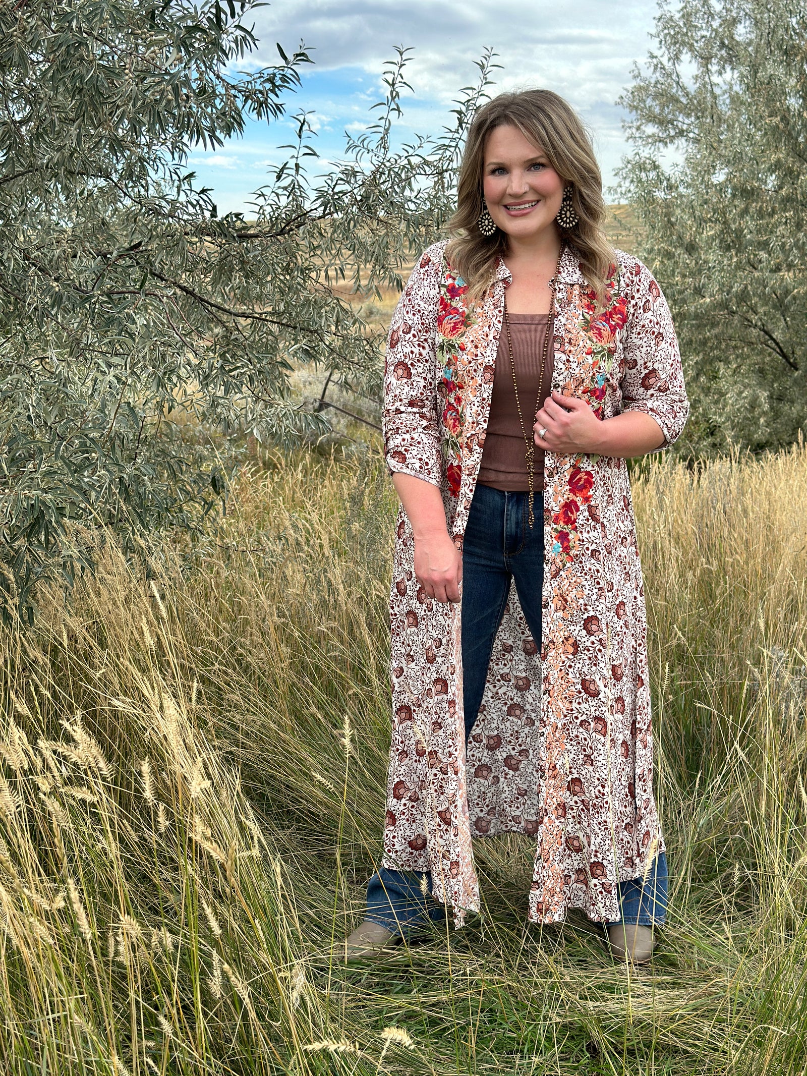 Brown/Taupe Floral Embroidered Duster - FINAL SALE