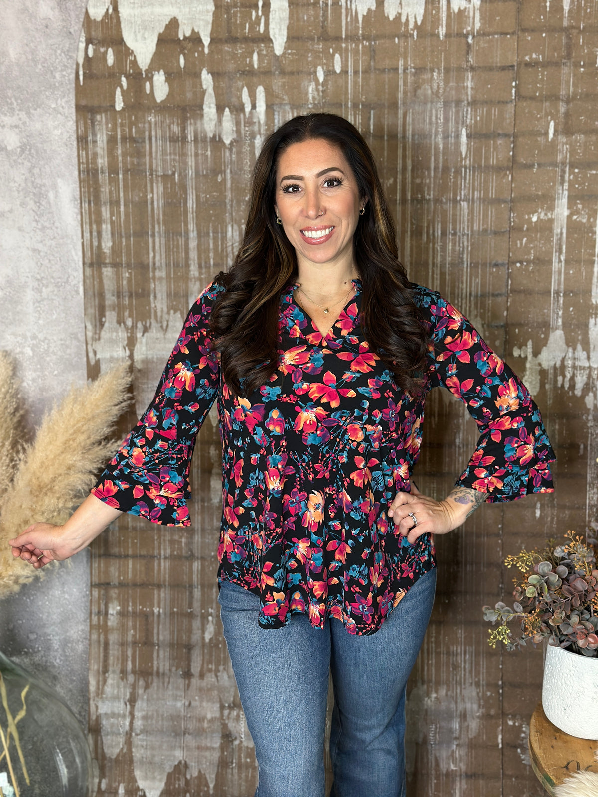 Wrinkle Free Bell Ruffle Lizzie Top - Black Teal/Magenta/Orange Floral
