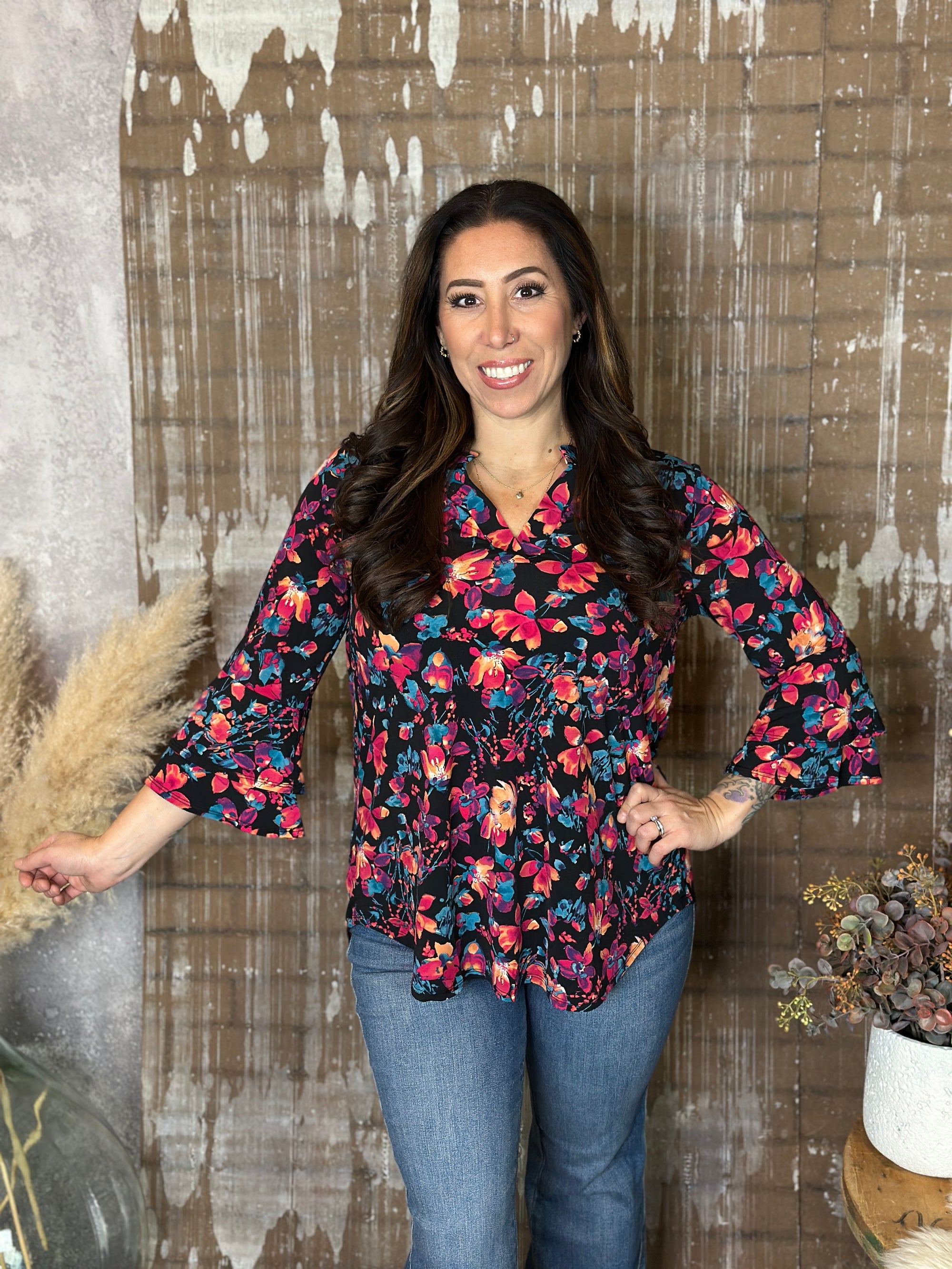 Wrinkle Free Bell Ruffle Lizzie Top - Black Teal/Magenta/Orange Floral