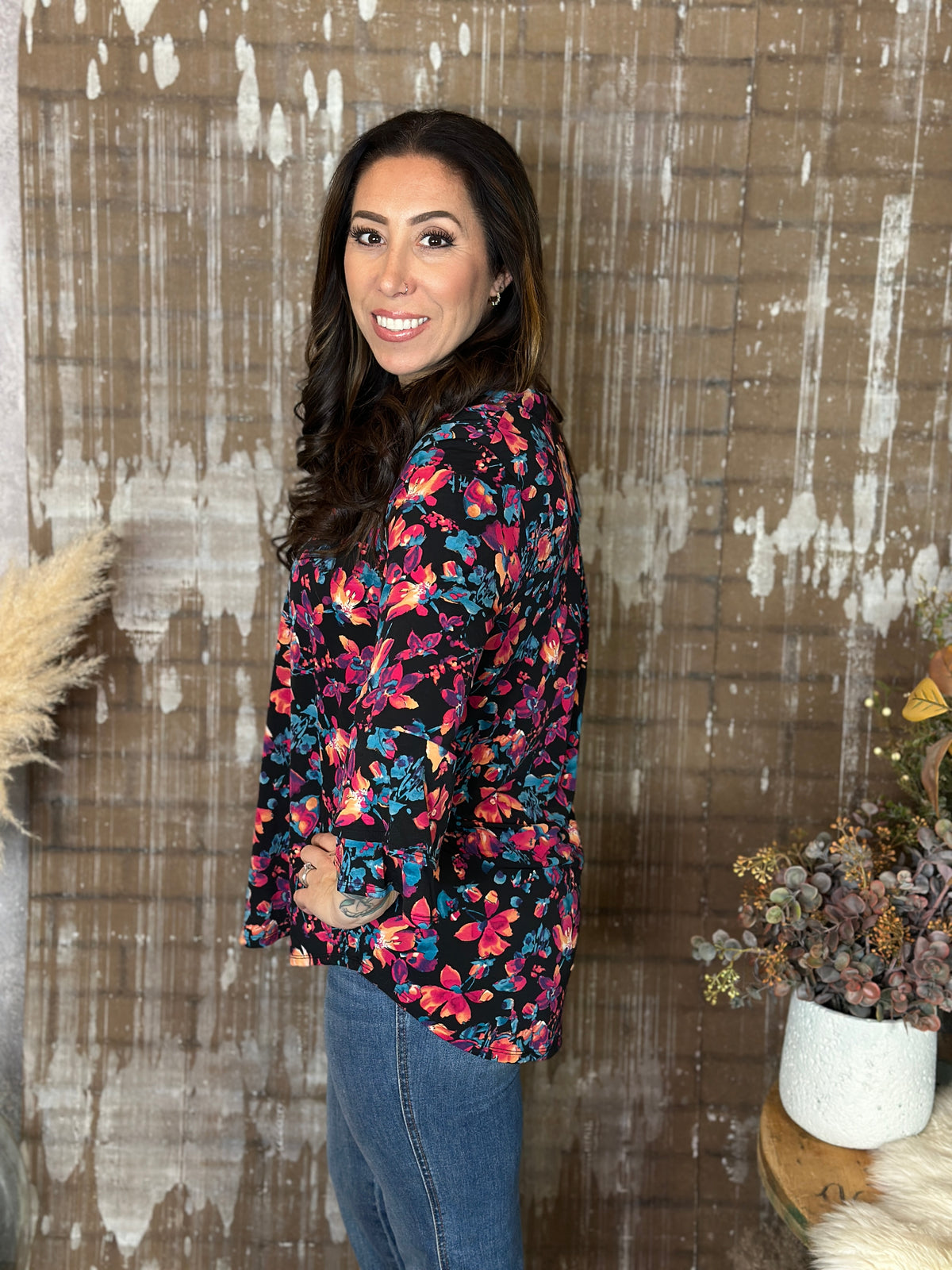 Wrinkle Free Bell Ruffle Lizzie Top - Black Teal/Magenta/Orange Floral
