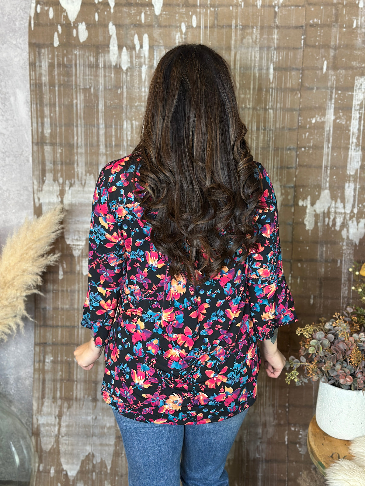 Wrinkle Free Bell Ruffle Lizzie Top - Black Teal/Magenta/Orange Floral