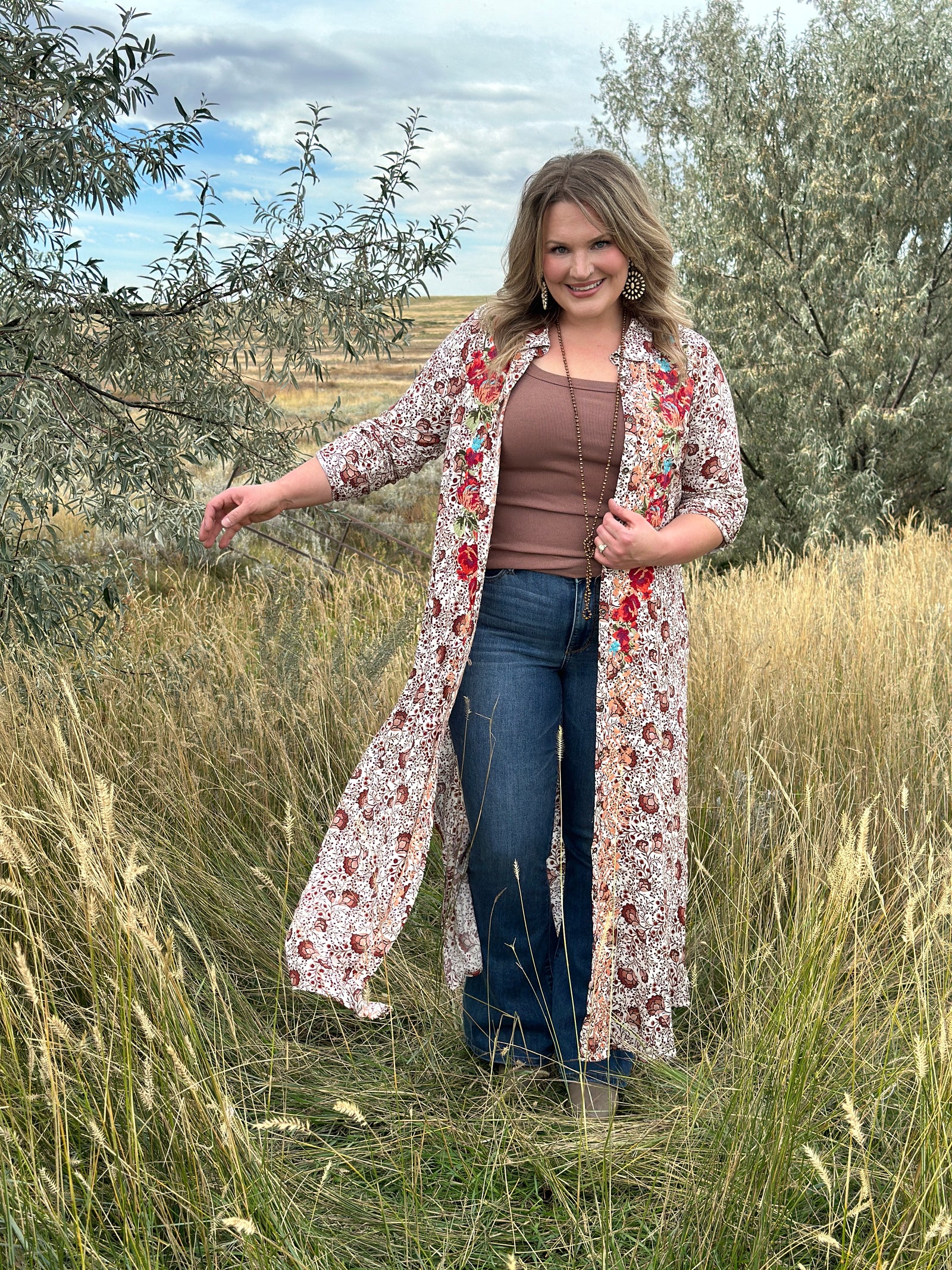 Brown/Taupe Floral Embroidered Duster - FINAL SALE