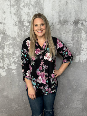 The Wrinkle Free Black Floral Lizzie Top - (Small - 3X)