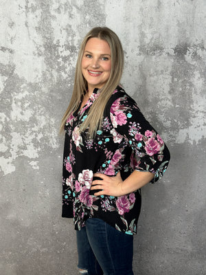 The Wrinkle Free Black Floral Lizzie Top - (Small - 3X)