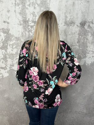 The Wrinkle Free Black Floral Lizzie Top - (Small - 3X)