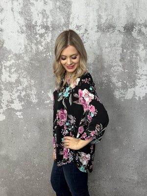 The Wrinkle Free Black Floral Lizzie Top - (Small - 3X)