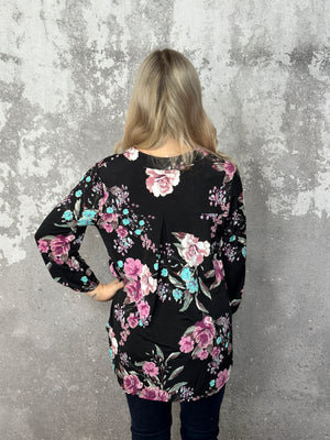 The Wrinkle Free Black Floral Lizzie Top - (Small - 3X)