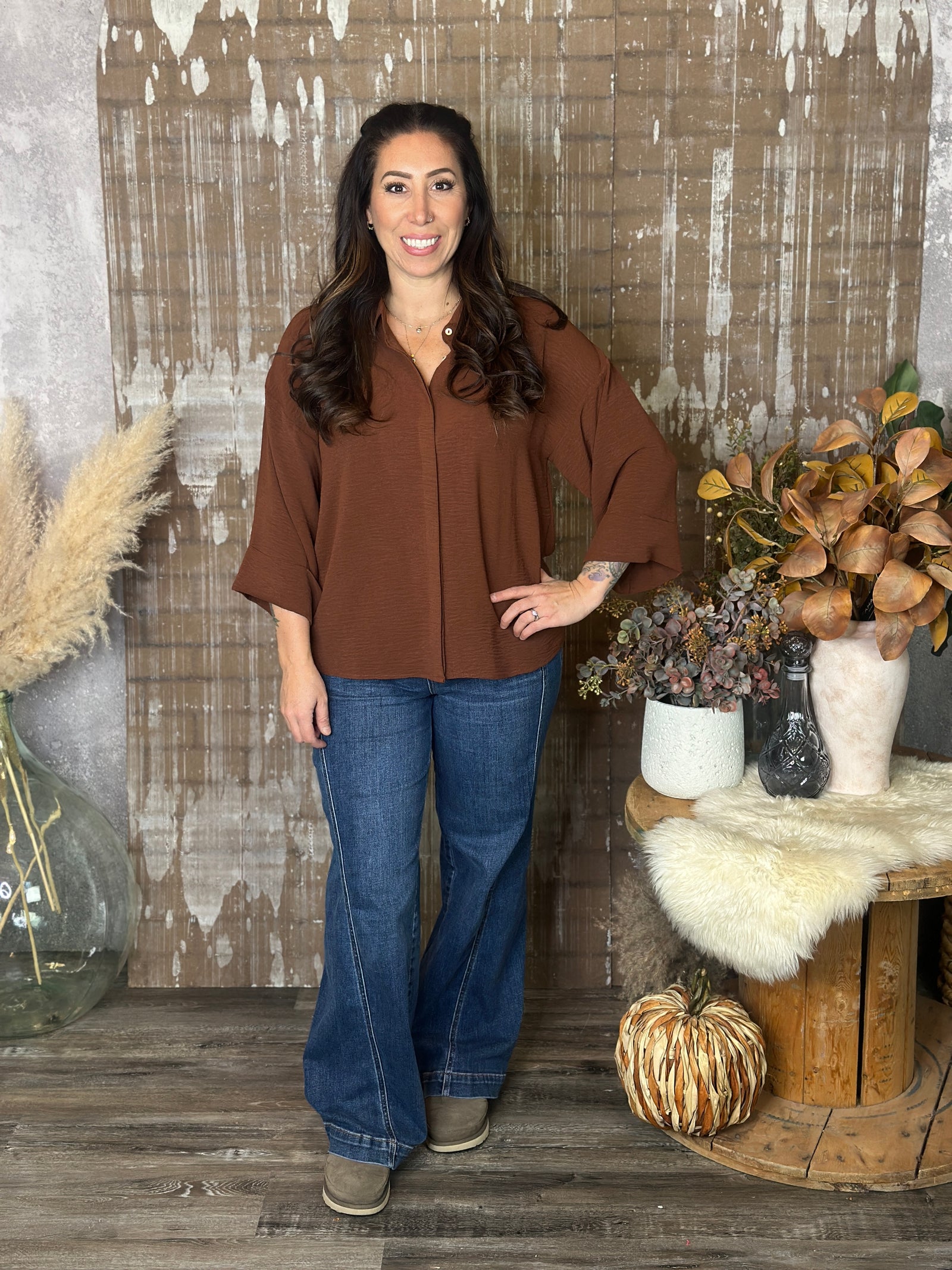 Wide 3/4 Sleeve Airflow Top  - Brown
