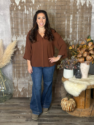 Wide 3/4 Sleeve Airflow Top  - Brown