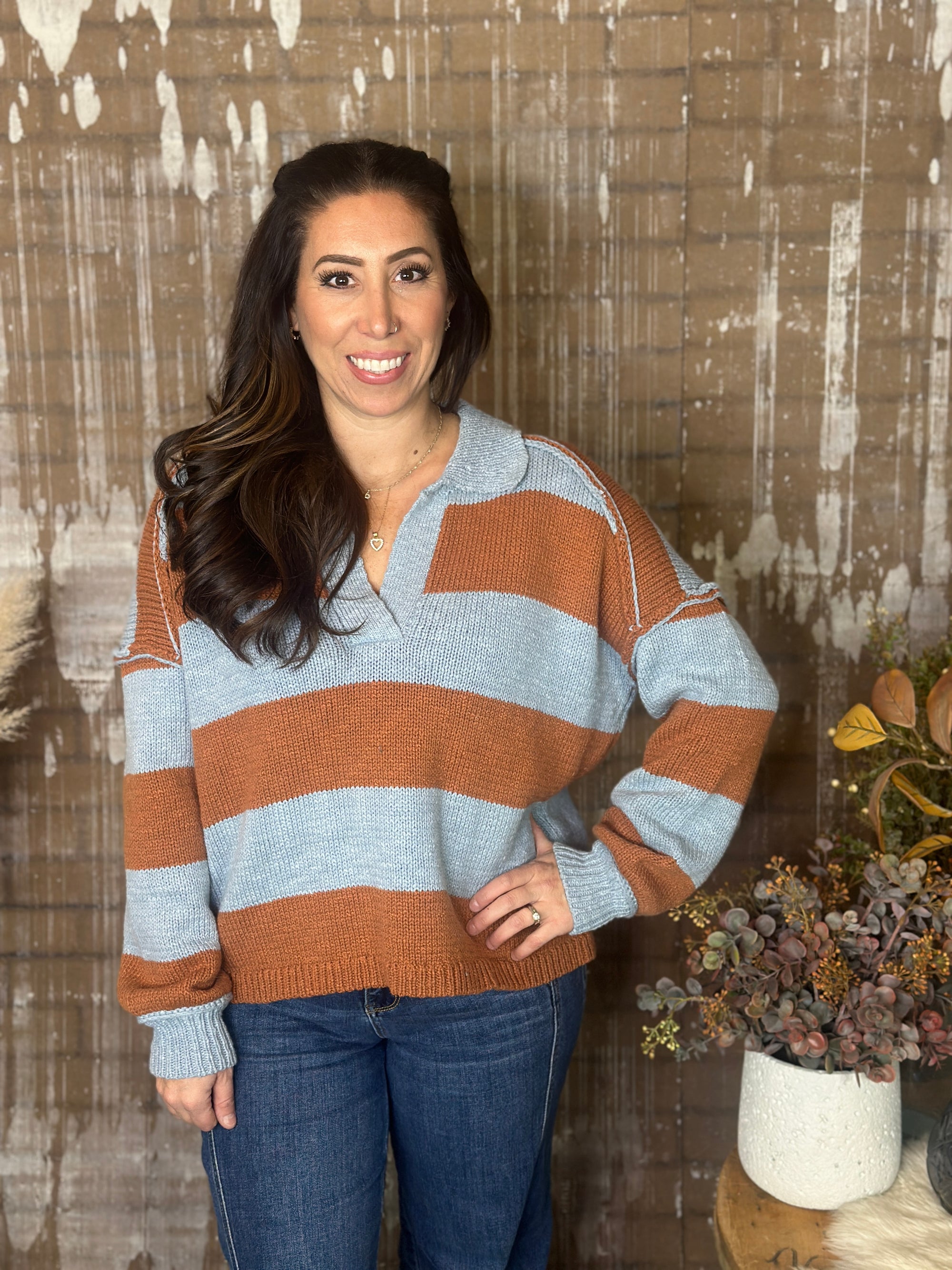 Camel/Blue Collared Sweater