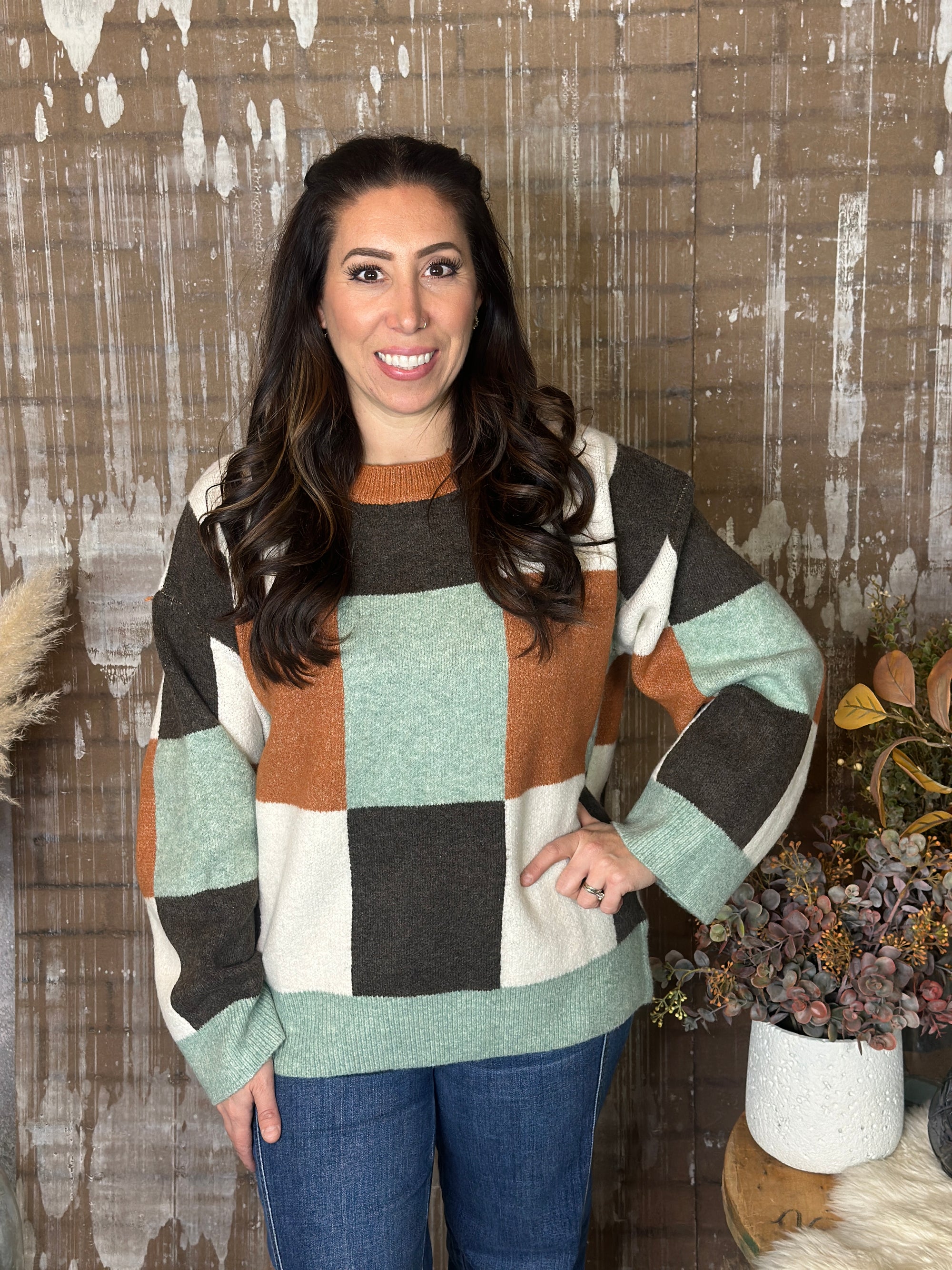 Mint/Camel/Brown Checked Sweater