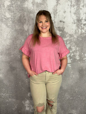 Mineral Wash Ruffle Tee - Mauve- FINAL SALE