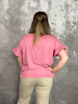Mineral Wash Ruffle Tee - Mauve- FINAL SALE