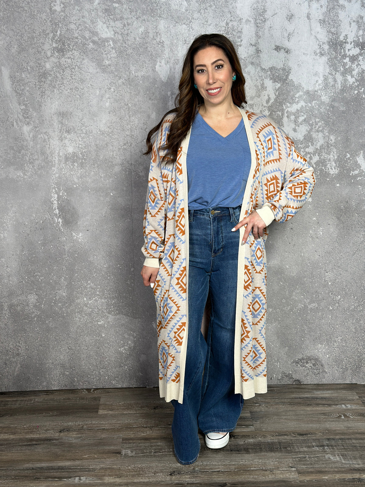 Geo Print Long Cardigan  (Small - 3X) RESTOCK