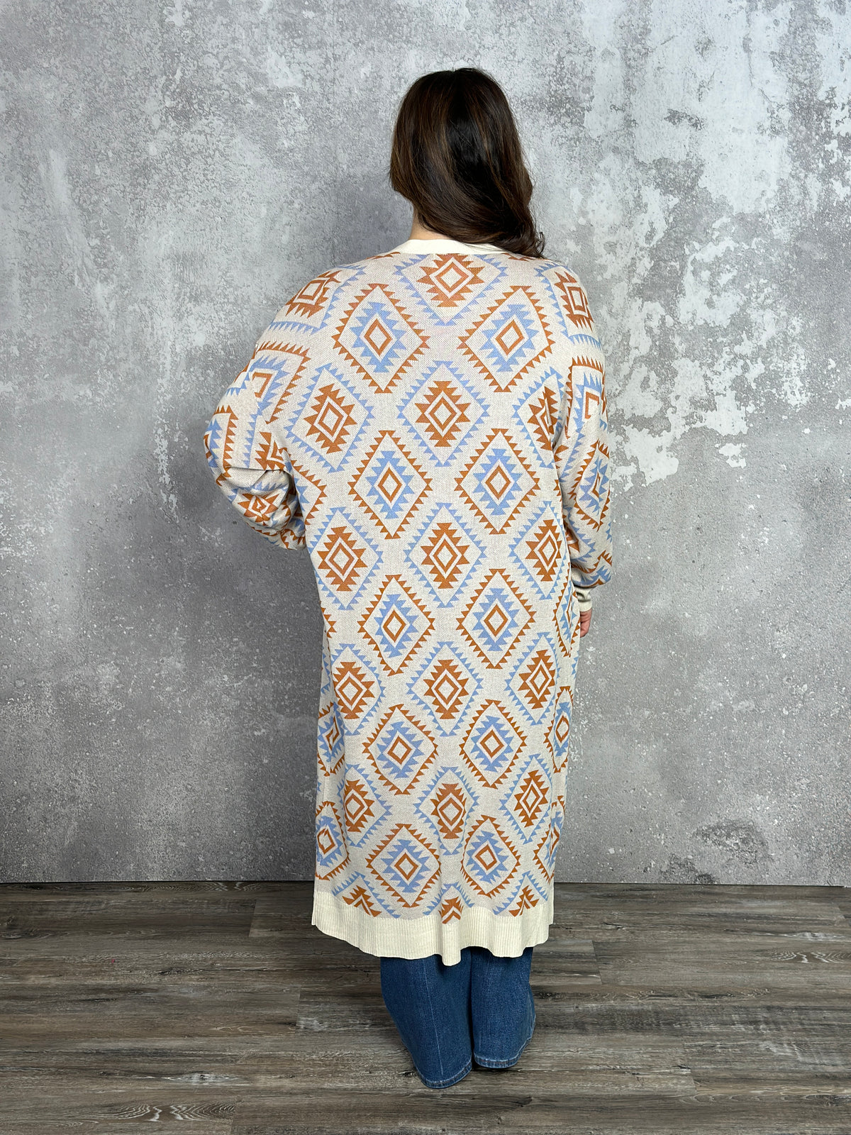 Geo Print Long Cardigan  (Small - 3X) RESTOCK