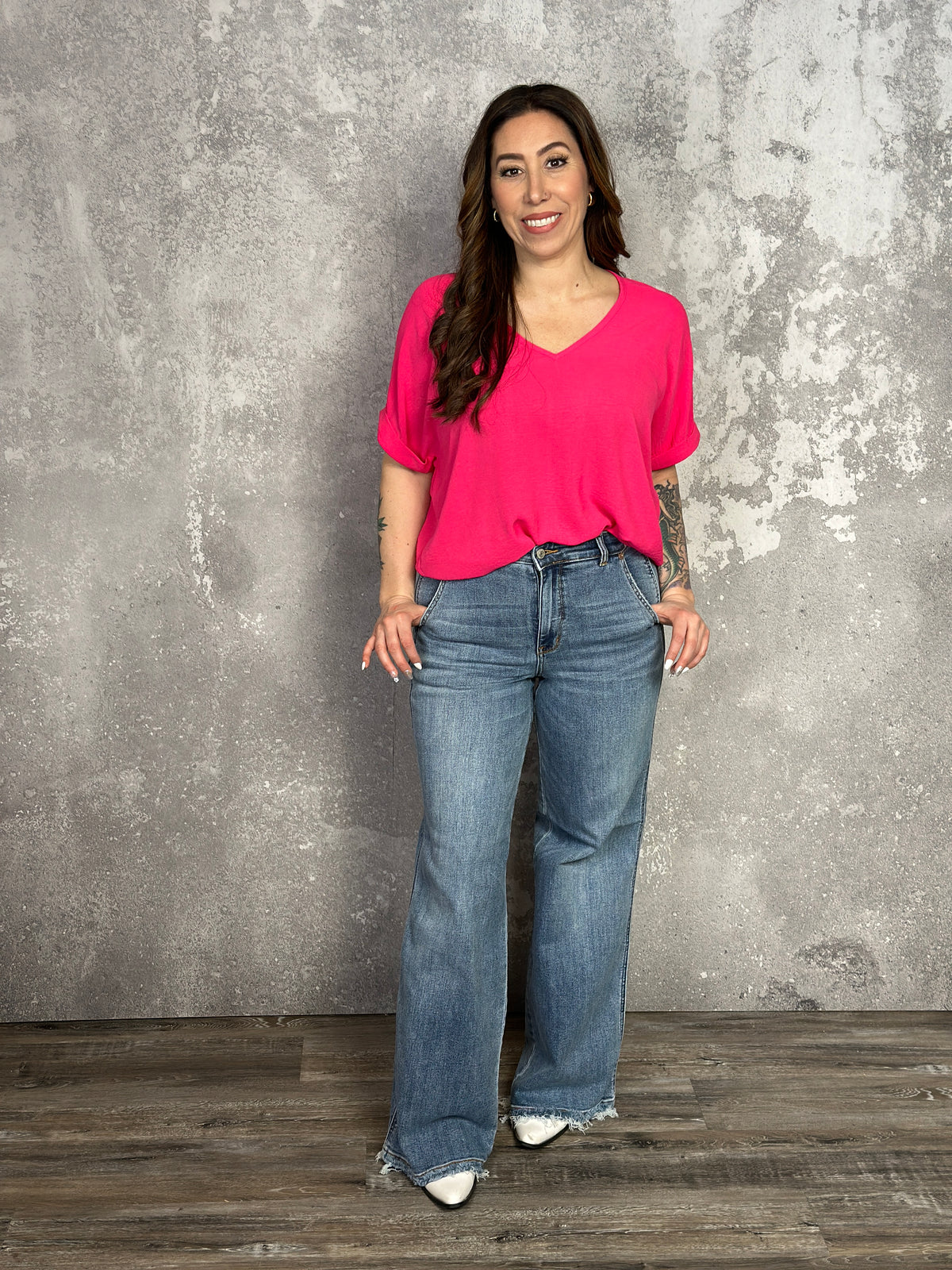 Hot Pink Airflow Vneck Top with rolled Sleeves  (Small - 2X)