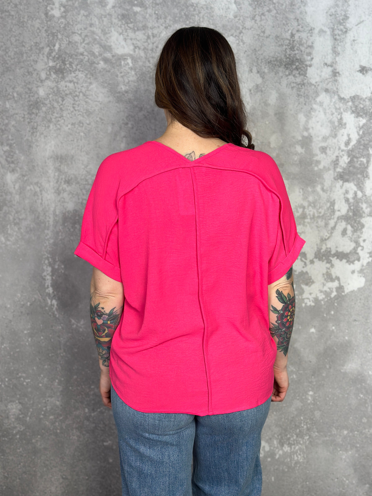 Hot Pink Airflow Vneck Top with rolled Sleeves  (Small - 2X)