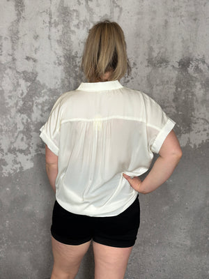 Short Sleeve Button Up Satin Like Top  - Ivory