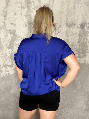 Short Sleeve Button Up Satin Like Top  - Royal Blue