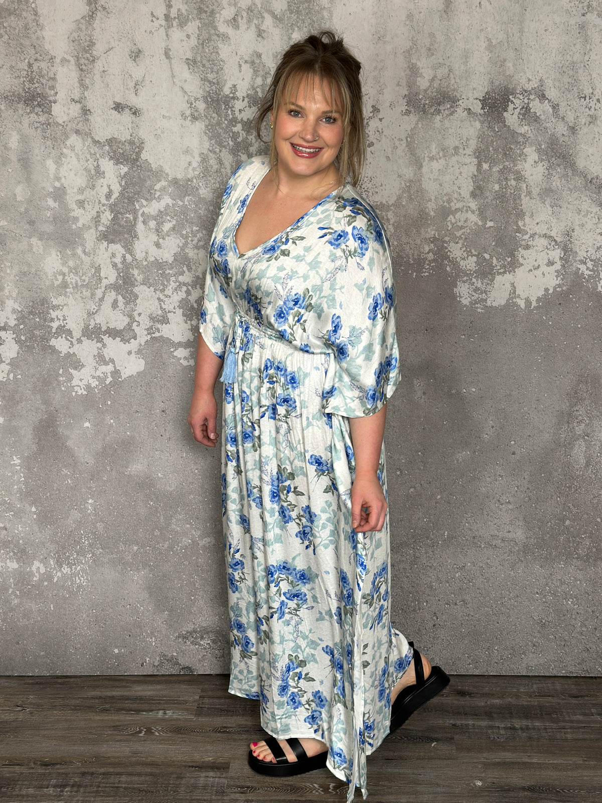 Something Blue Floral Kimono Sleeve Maxi Dress (Small - 2X) - FINAL SALE