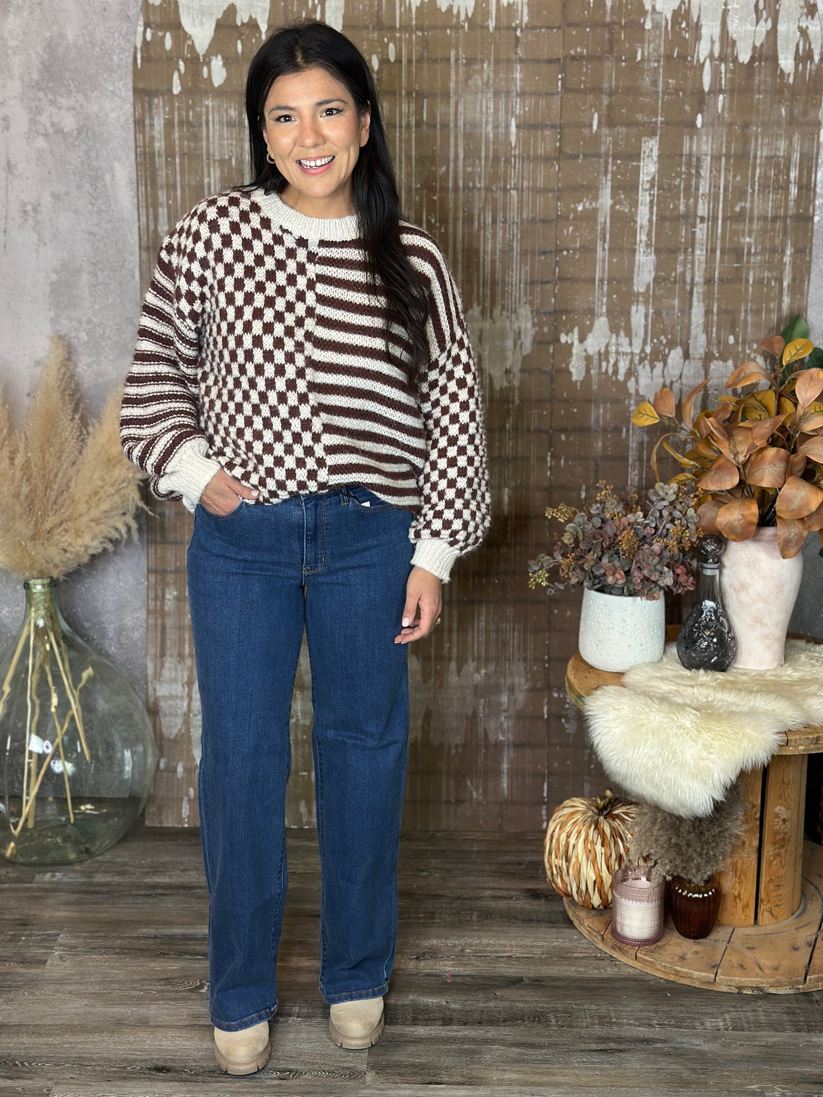 Checker/Stripe Brown/Ivory Sweater (Small - 3X)