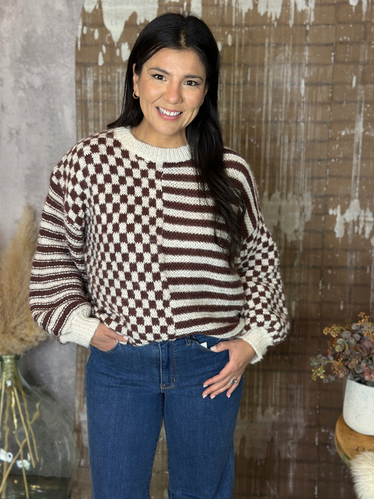Checker/Stripe Brown/Ivory Sweater (Small - 3X)