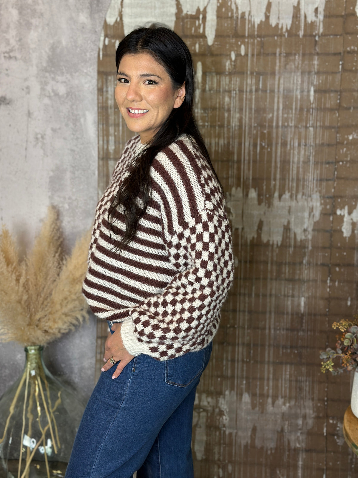 Checker/Stripe Brown/Ivory Sweater (Small - 3X)