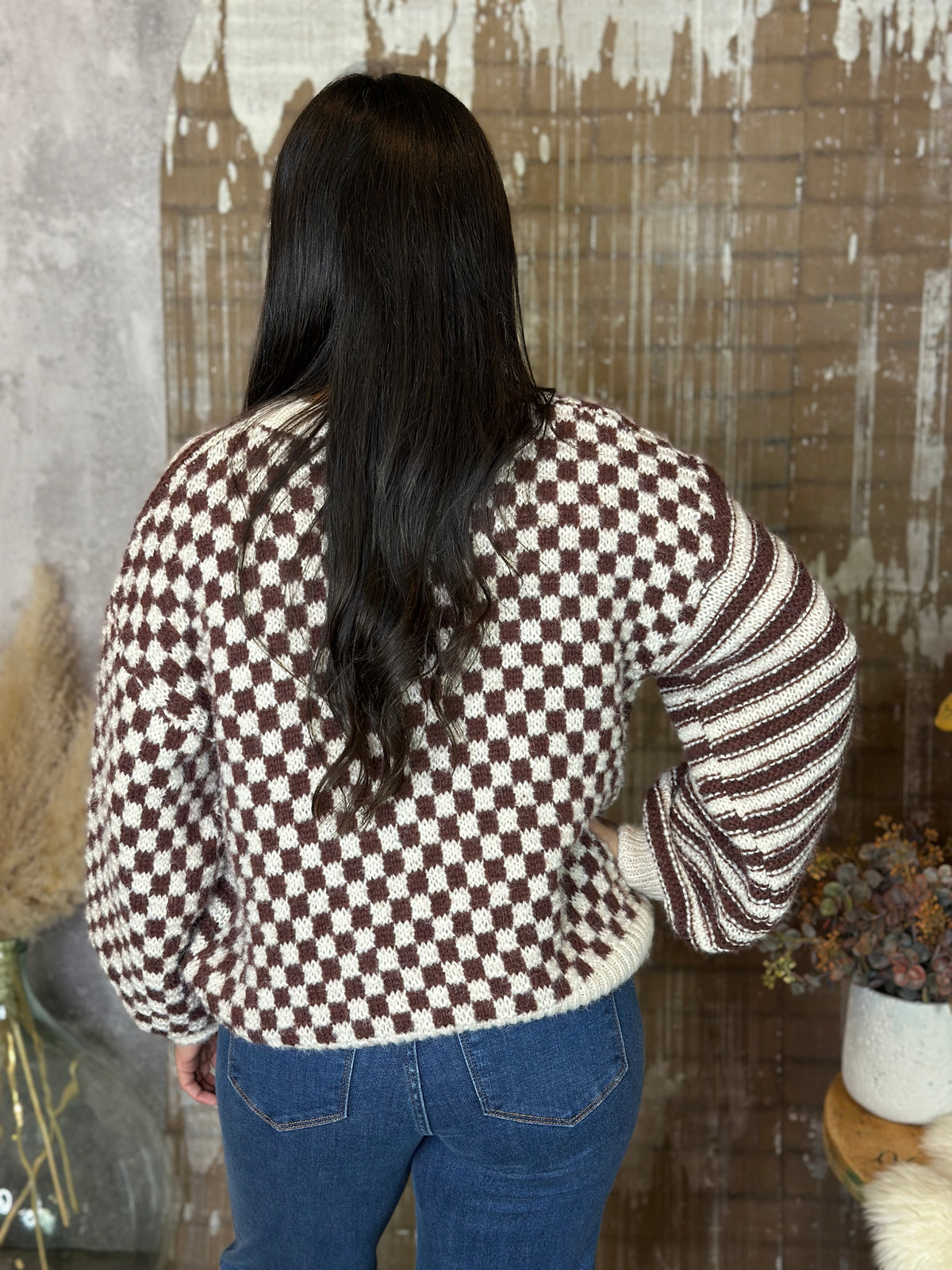Checker/Stripe Brown/Ivory Sweater (Small - 3X)