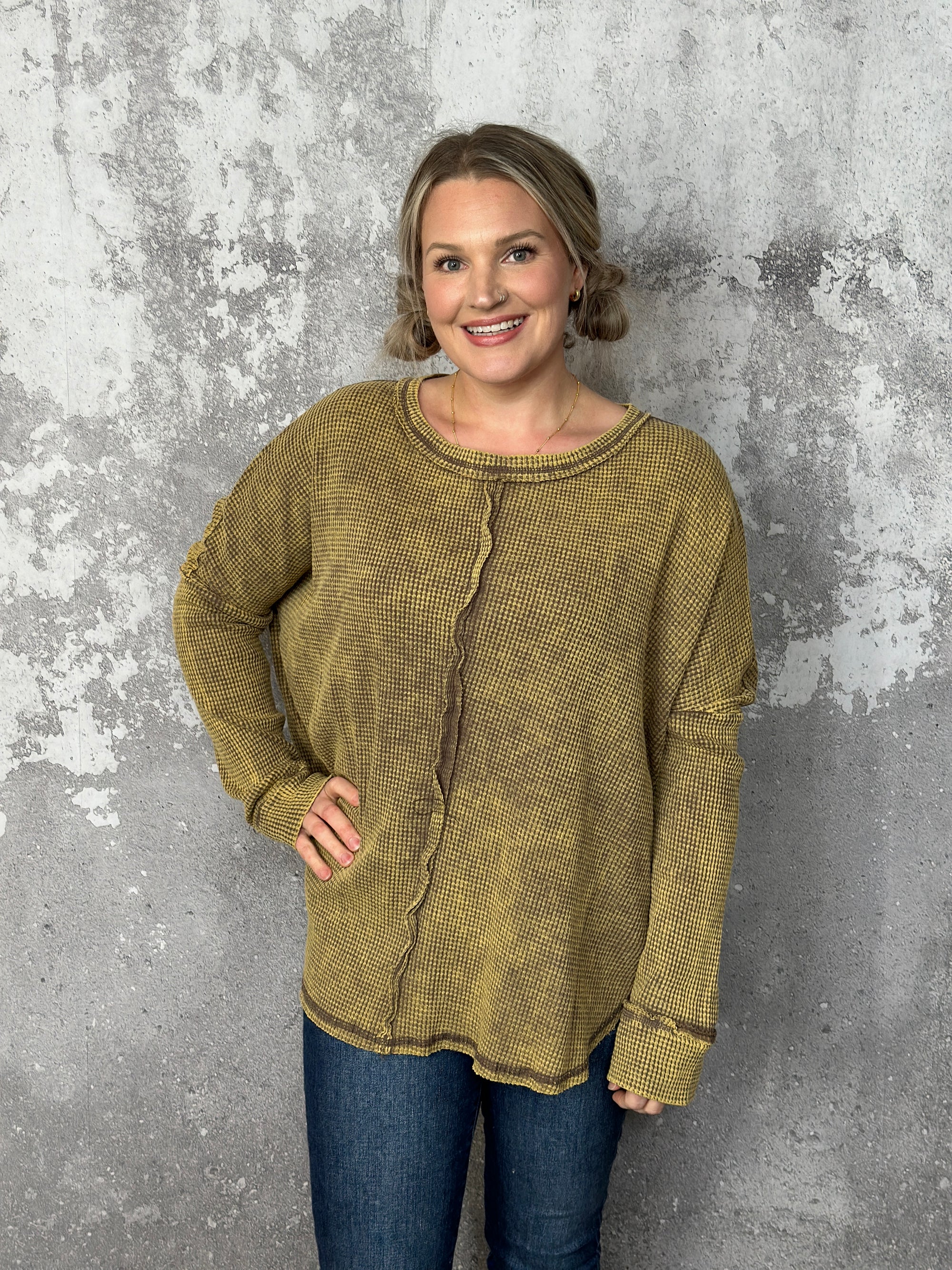 Doorcrasher - Waffle Long Sleeve Top - Olive - Final Sale