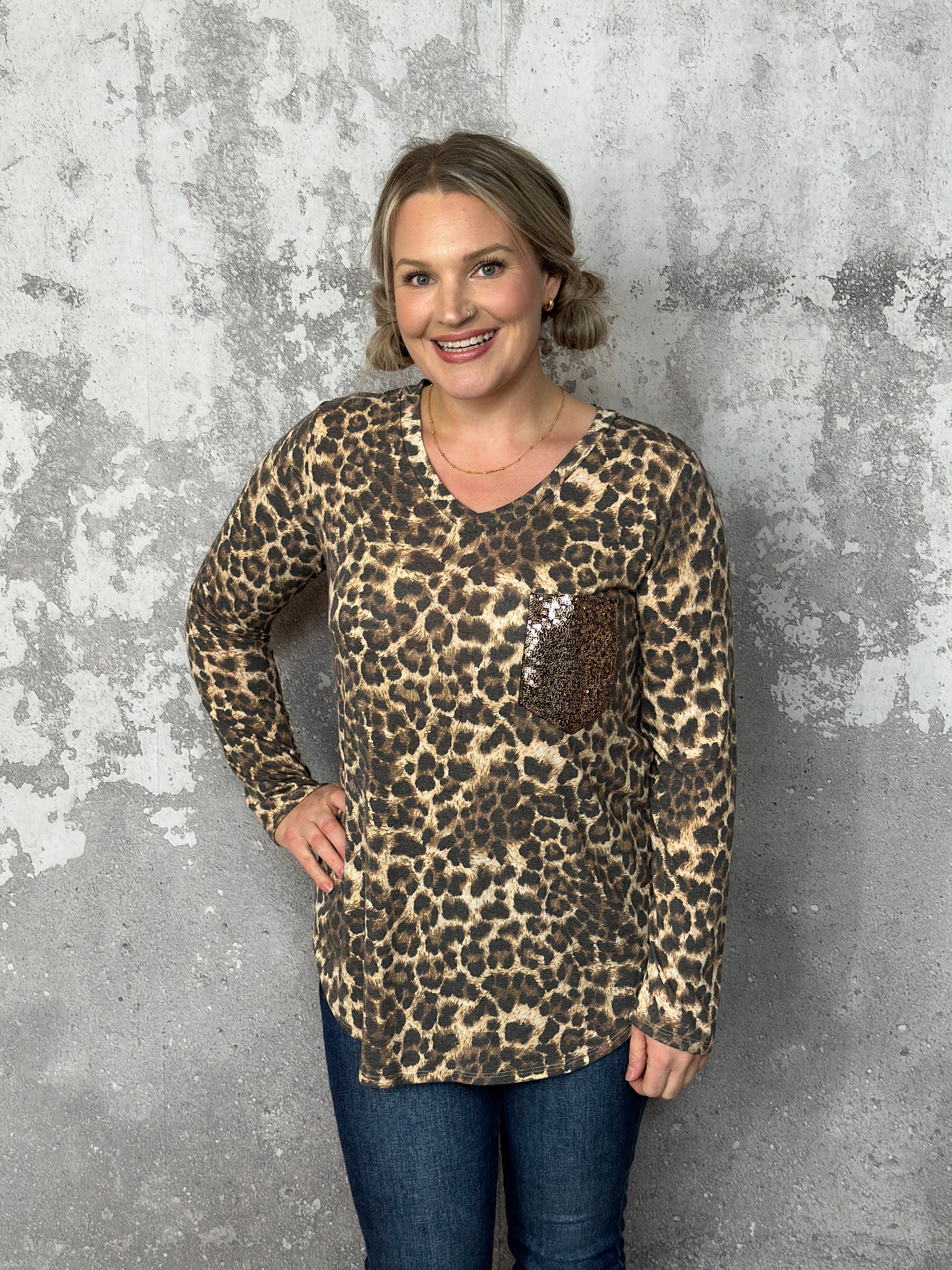 Doorcrasher - Sequin Pocket Leopard Long Sleeve  (Small - 3X) - FINAL SALE