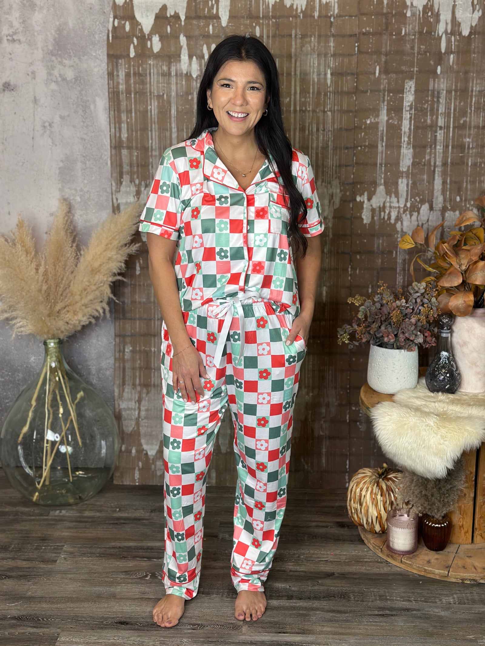 Shirley Button Down Lounge Set - Christmas Check (Small - 3X)