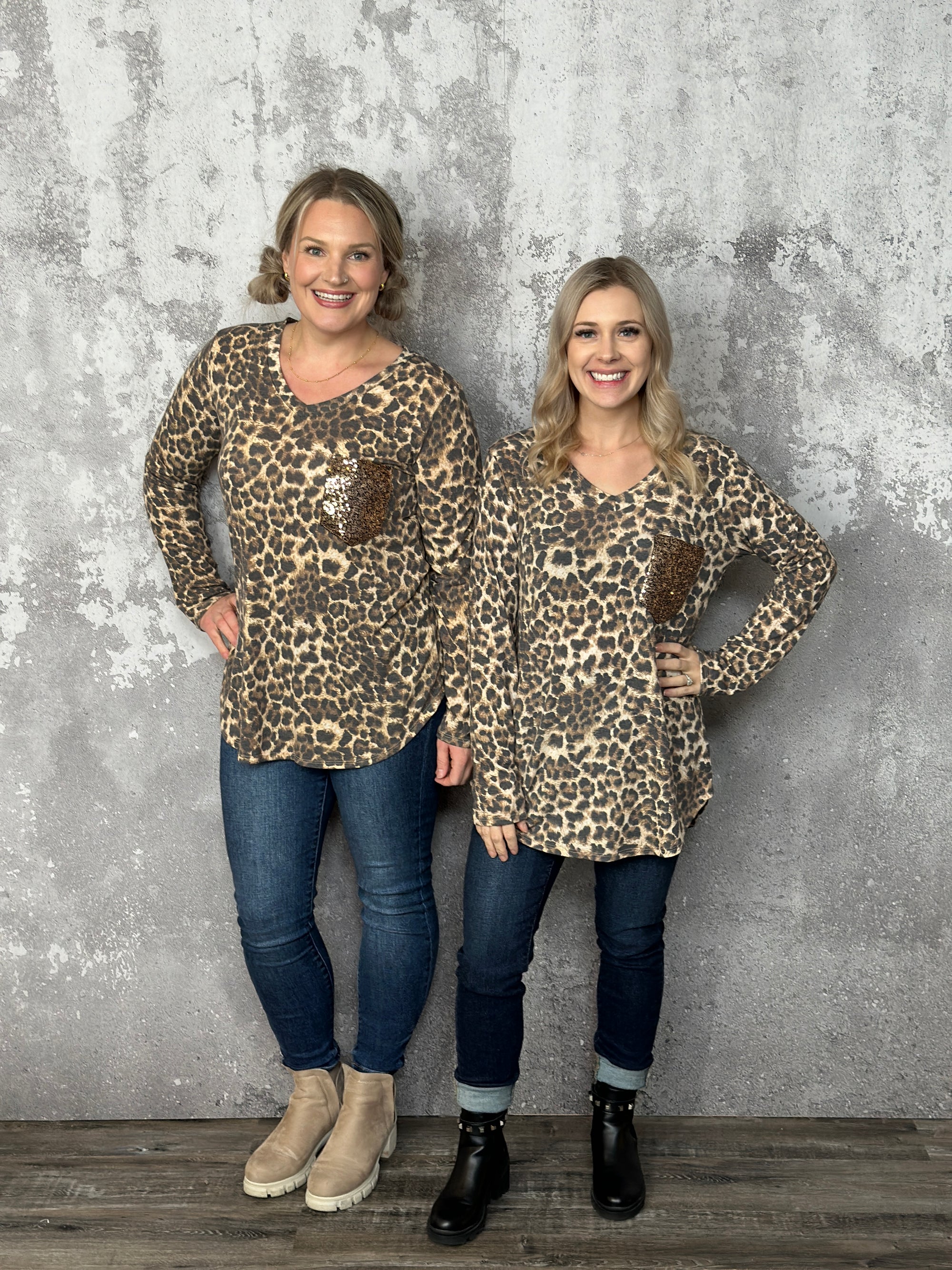 Doorcrasher - Sequin Pocket Leopard Long Sleeve  (Small - 3X) - FINAL SALE