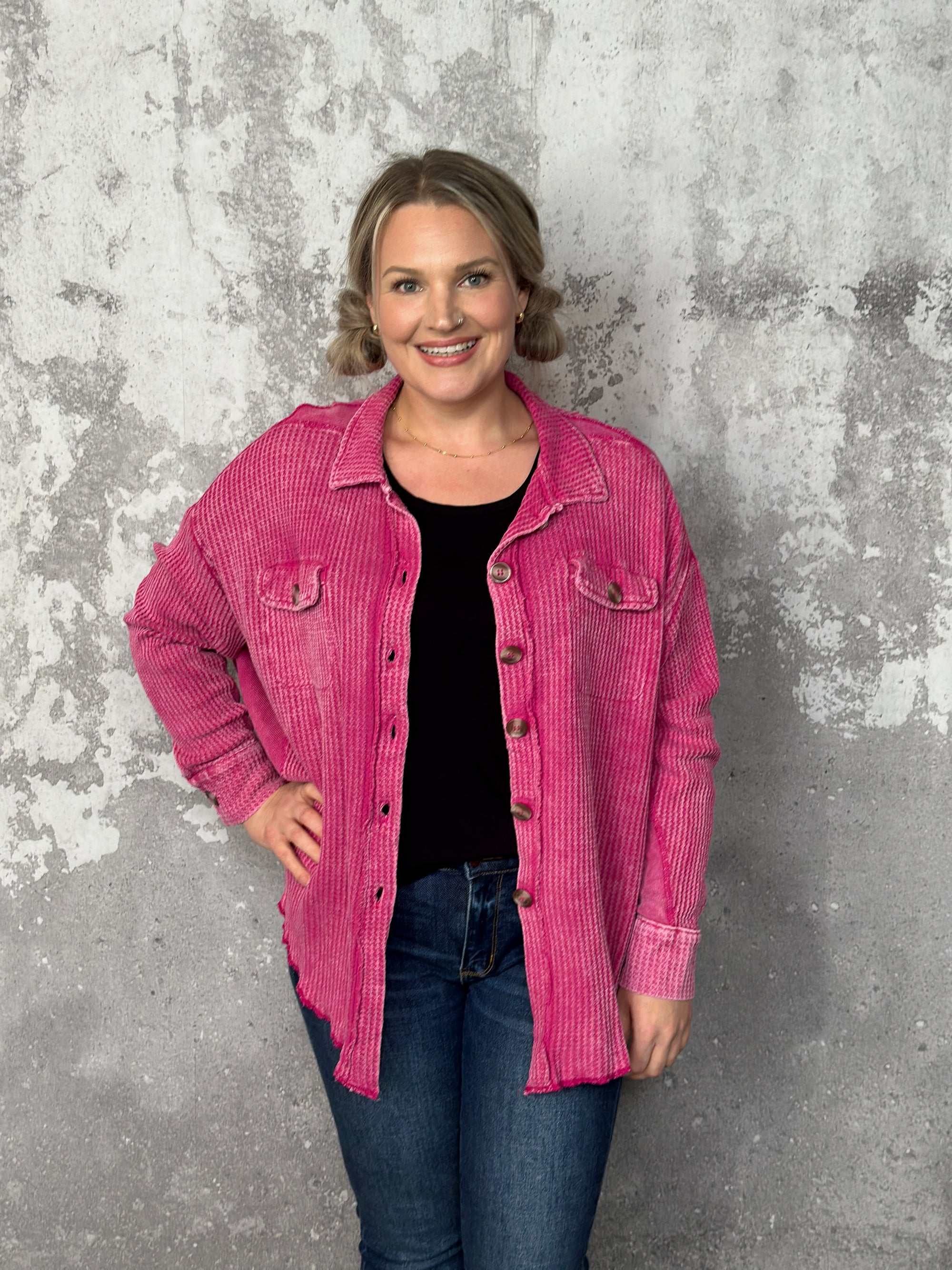 Doorcrasher - Waffle Button Shacket - Magenta - Final Sale